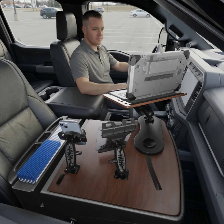 AutoExec Reach Front Seat Car Desk with Slim-Grip® Ultra Pro and RoadVise® Ultra Pro Drill-Base Mount