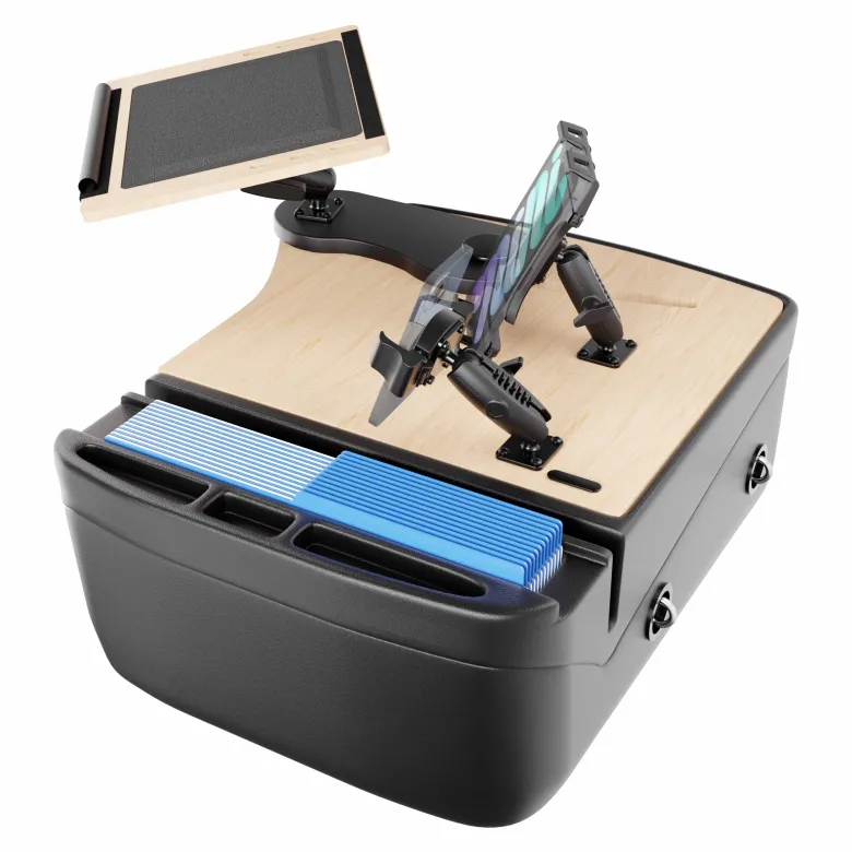 AutoExec Reach Front Seat Car Desk with Slim-Grip® Ultra Pro and RoadVise® Ultra Pro Drill-Base Mount