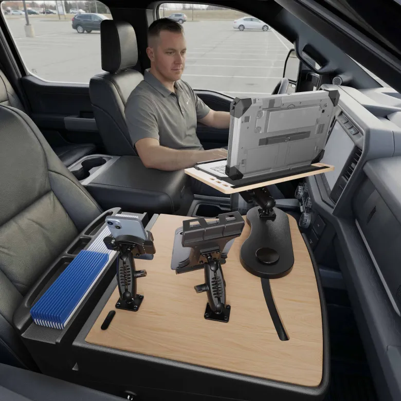 AutoExec Reach Front Seat Car Desk with Slim-Grip® Ultra Pro and RoadVise® Ultra Pro Drill-Base Mount