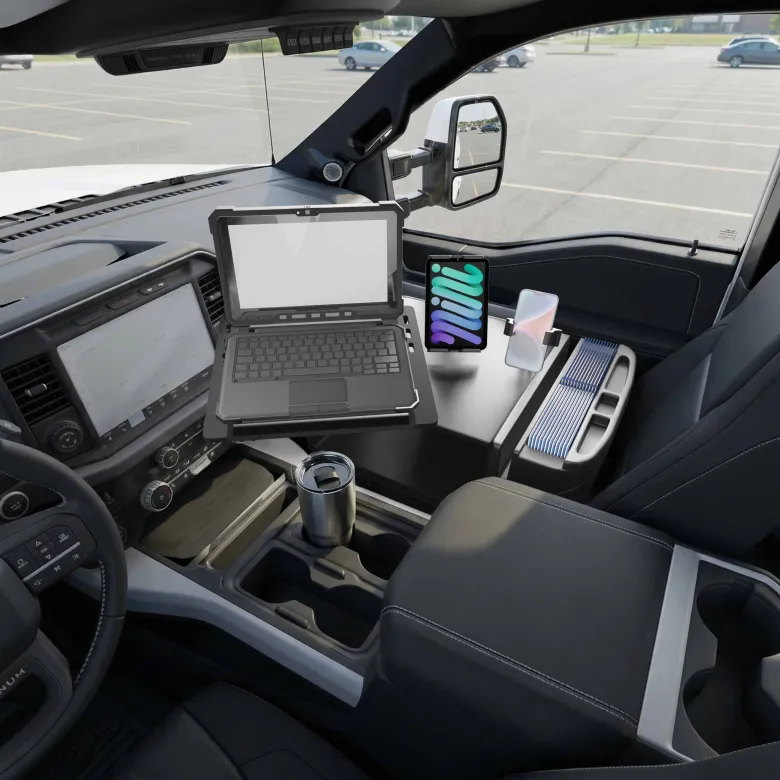 AutoExec Reach Front Seat Car Desk with Slim-Grip® Ultra Pro and RoadVise® Ultra Pro Drill-Base Mount