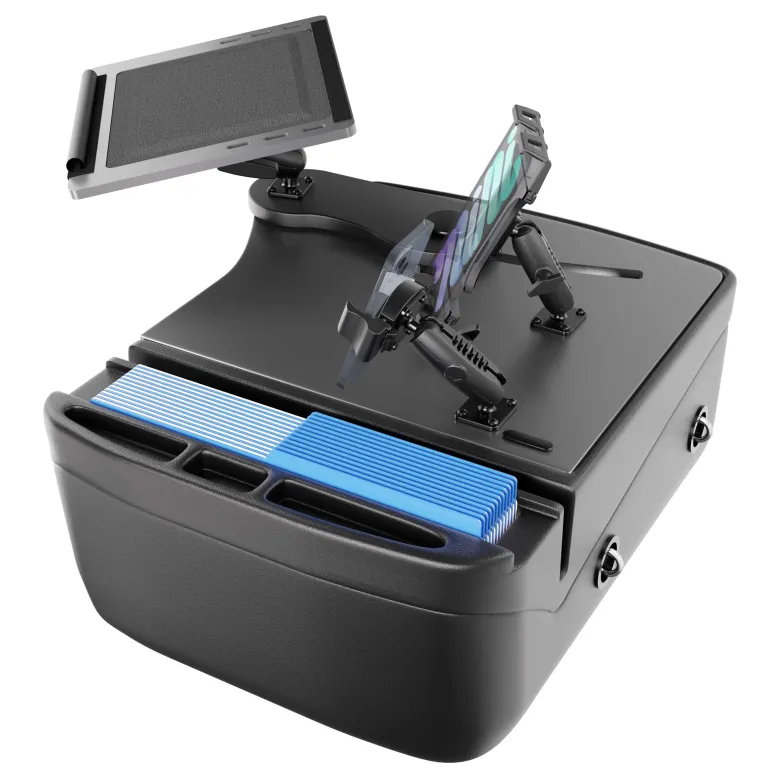 AutoExec Reach Front Seat Car Desk with Slim-Grip® Ultra Pro and RoadVise® Ultra Pro Drill-Base Mount