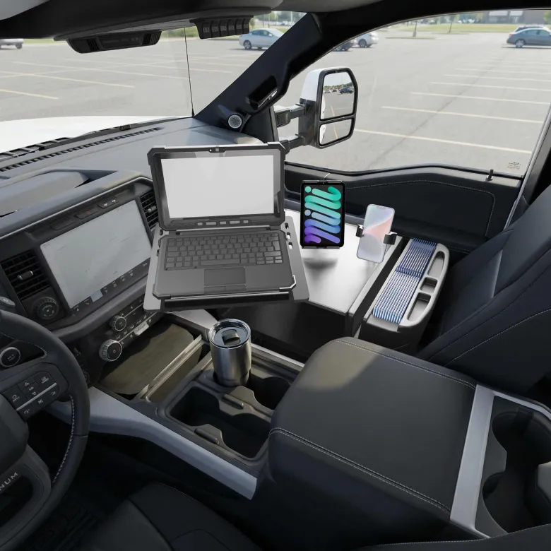 AutoExec Reach Front Seat Car Desk with Slim-Grip® Ultra Pro and RoadVise® Ultra Pro Drill-Base Mount