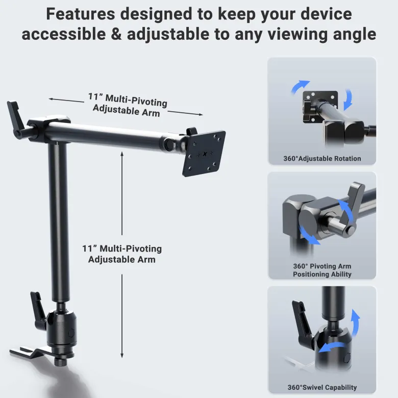 Heavy-Duty Seat Rail Car Mount with 22 inch Adjustable Arm - 4-Hole AMPS Compatible