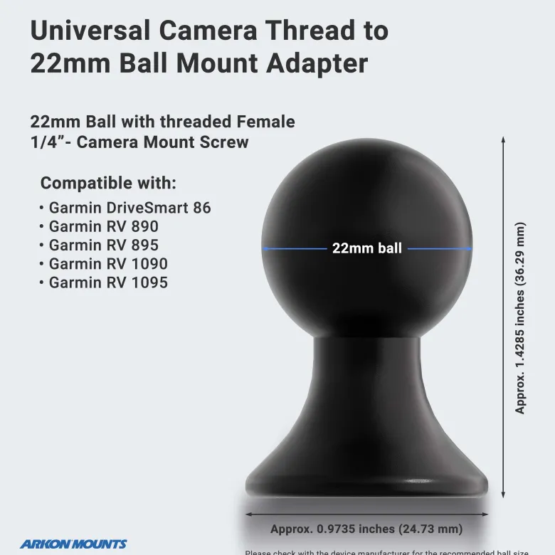 1/4"-20 Camera Thread to 22mm Ball Adapter