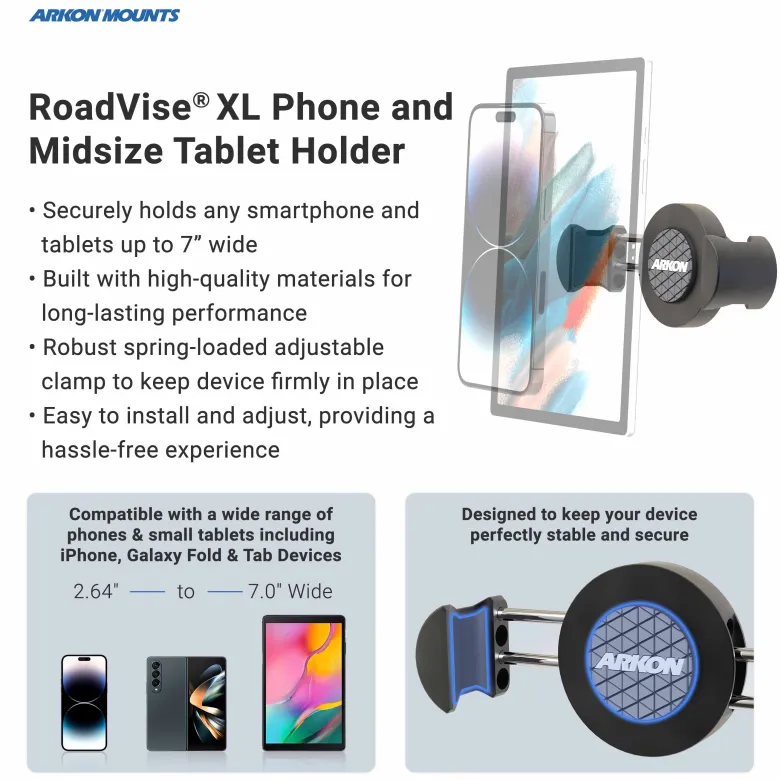 RoadVise XL Phone Holder with Heavy Duty Car Seat Rail Mount and 3.75” Shaft Arm