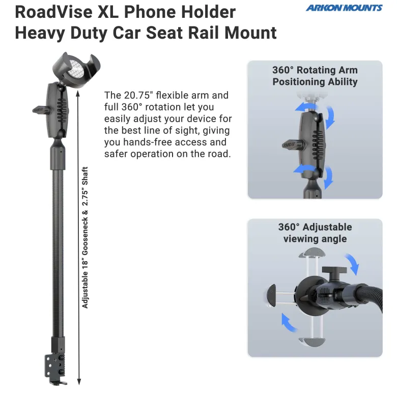 RoadVise XL Phone Holder with Heavy Duty Car Seat Rail Mount and 3.75” Shaft Arm