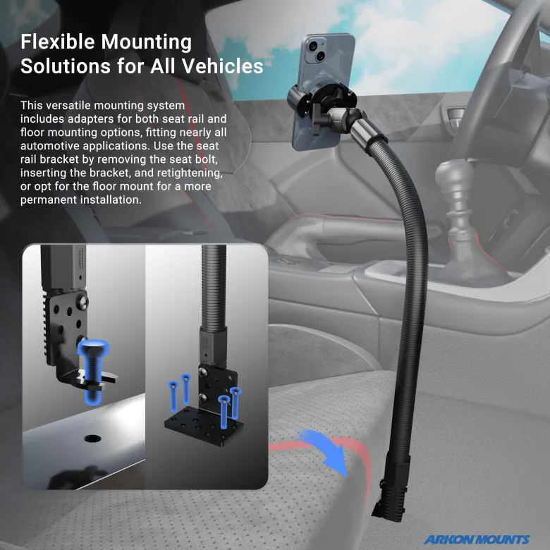 RoadVise XL Phone Holder with Heavy Duty Car Seat Rail Mount and 3.75” Shaft Arm