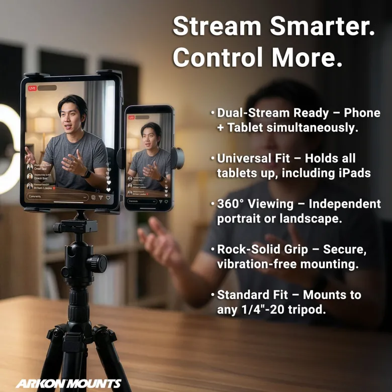 TW Broadcaster Slim-Grip® Tablet and RoadVise® Tripod Mount Holder for Streaming Live Video